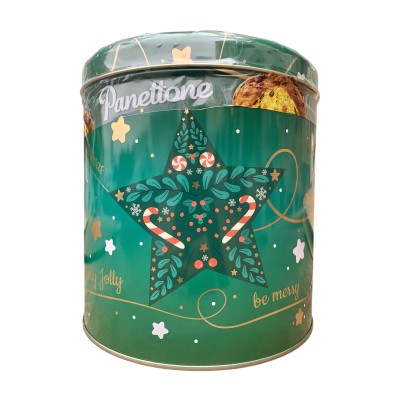 Кекс панеттоне "Веселого Рождества", с изюмом и цукатами, в зеленой жестяной коробке,1кг, Battistero