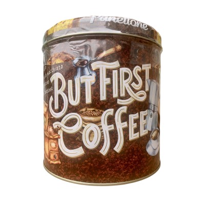 Кекс панеттоне "Но сначала кофе", с изюмом и цукатами, в коричневой жестяной коробке,1кг, Battistero