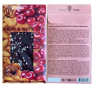 Горький шоколад "FRUIT & NUTS", с натуральной вишней и миндалем, 2 уп по 80гр., World&Time